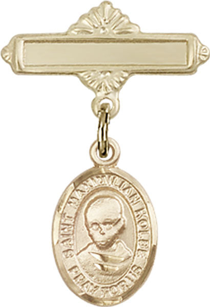 Personalized Baby Badge - Engraved Badge Pin with St. Maximilian Kolbe Charm