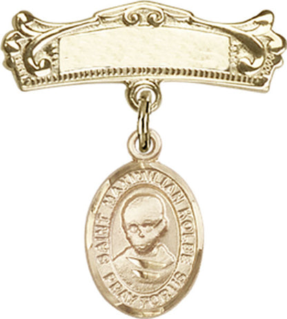 Personalized Baby Badge - Engraved Badge Pin with St. Maximilian Kolbe Charm