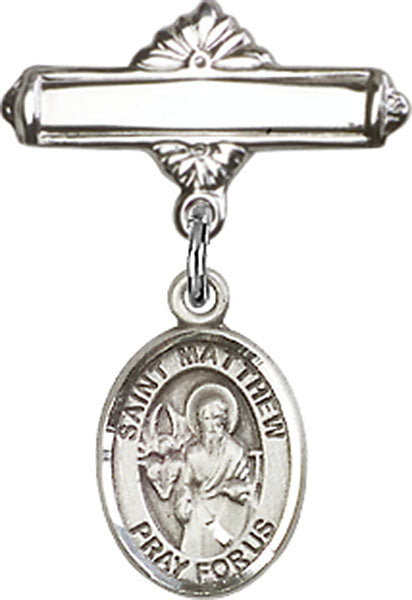 Personalized Baby Badge - Engraved Badge Pin with St. Matthew the Apostle Charm