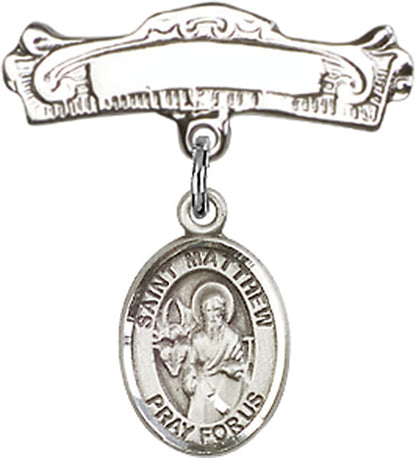 Personalized Baby Badge - Engraved Badge Pin with St. Matthew the Apostle Charm