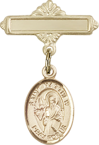 Personalized Baby Badge - Engraved Badge Pin with St. Matthew the Apostle Charm