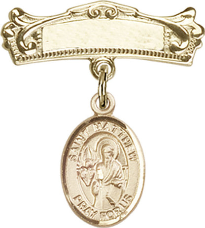 Personalized Baby Badge - Engraved Badge Pin with St. Matthew the Apostle Charm