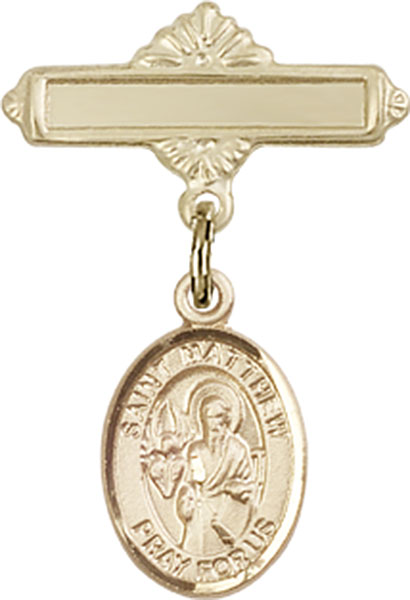 Personalized Baby Badge - Engraved Badge Pin with St. Matthew the Apostle Charm