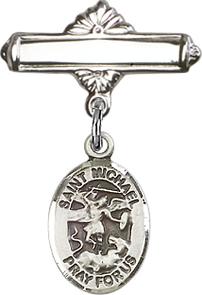 Personalized Baby Badge - Engraved Badge Pin with St. Michael the Archangel Charm
