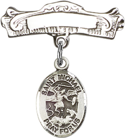 Personalized Baby Badge - Engraved Badge Pin with St. Michael the Archangel Charm