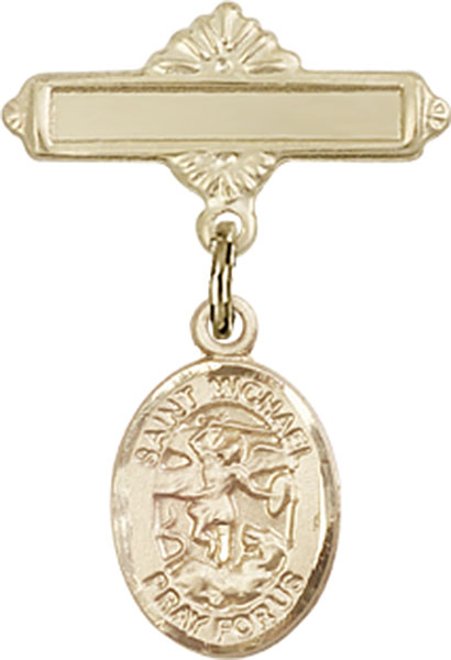 Personalized Baby Badge - Engraved Badge Pin with St. Michael the Archangel Charm