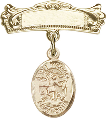Personalized Baby Badge - Engraved Badge Pin with St. Michael the Archangel Charm