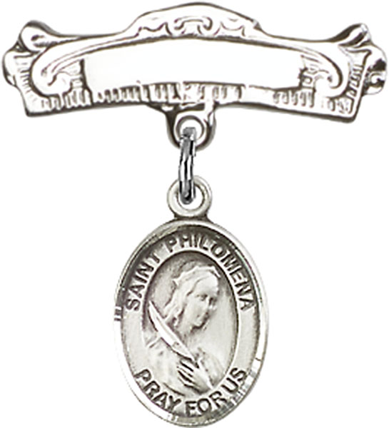 Personalized Baby Badge - Engraved Badge Pin with St. Philomena Charm