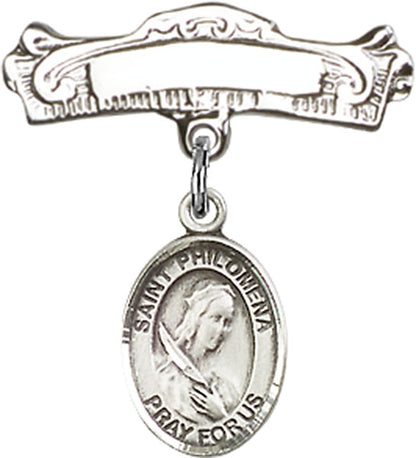 Personalized Baby Badge - Engraved Badge Pin with St. Philomena Charm