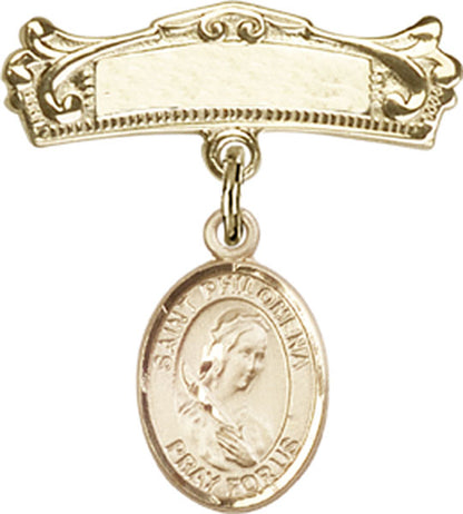 Personalized Baby Badge - Engraved Badge Pin with St. Philomena Charm