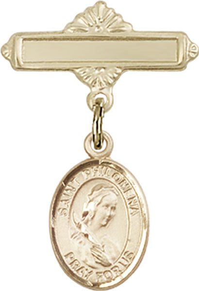 Personalized Baby Badge - Engraved Badge Pin with St. Philomena Charm