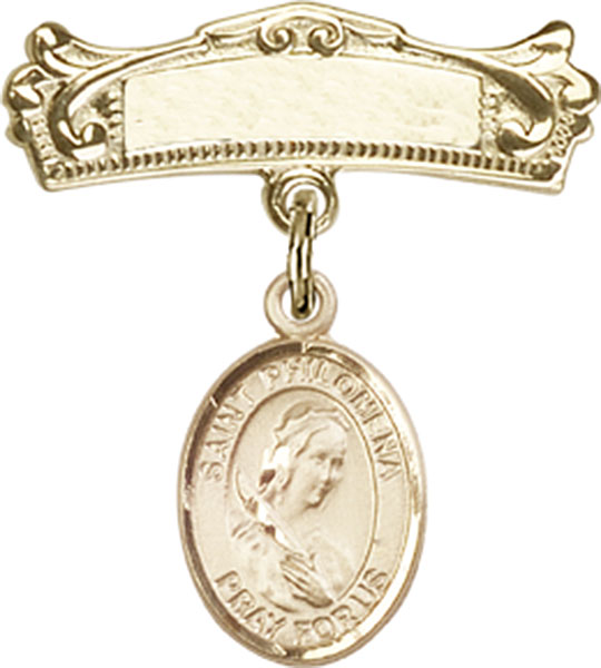 Personalized Baby Badge - Engraved Badge Pin with St. Philomena Charm