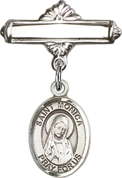 Personalized Baby Badge - Engraved Badge Pin with St. Monica Charm