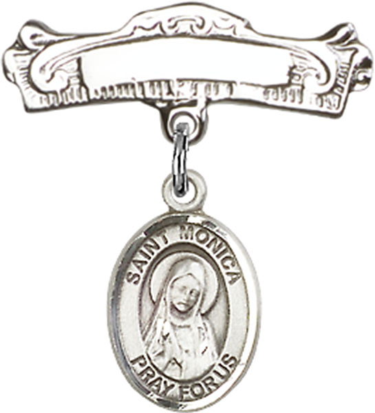Personalized Baby Badge - Engraved Badge Pin with St. Monica Charm