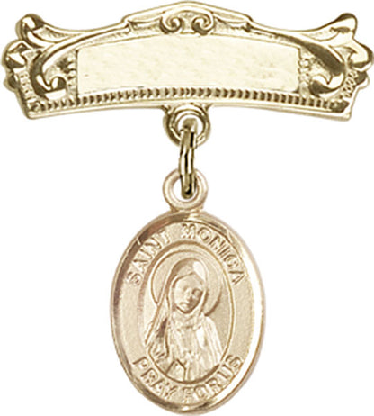 Personalized Baby Badge - Engraved Badge Pin with St. Monica Charm