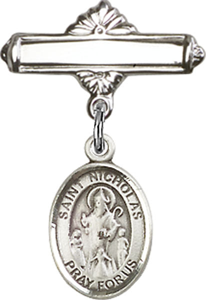 Personalized Baby Badge - Engraved Badge Pin with St. Nicholas Charm