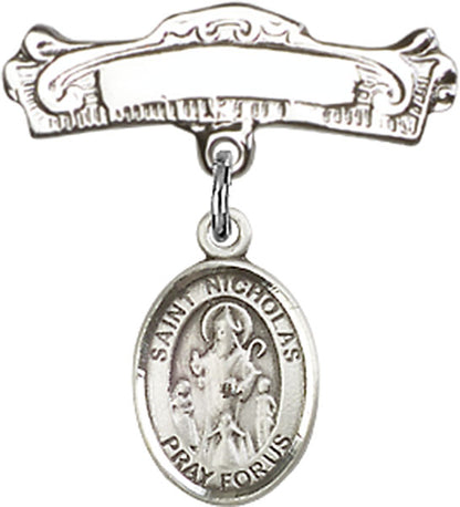 Personalized Baby Badge - Engraved Badge Pin with St. Nicholas Charm