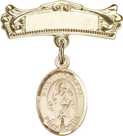 Personalized Baby Badge - Engraved Badge Pin with St. Nicholas Charm
