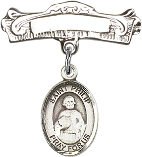 Personalized Baby Badge - Engraved Badge Pin with St. Philip the Apostle Charm