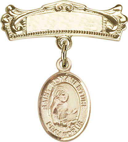 Personalized Baby Badge - Engraved Badge Pin with St. Bonaventure Charm