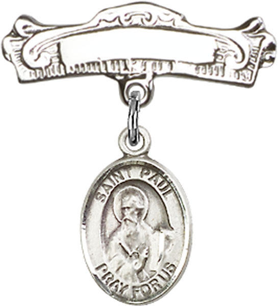 Personalized Baby Badge - Engraved Badge Pin with St. Paul the Apostle Charm