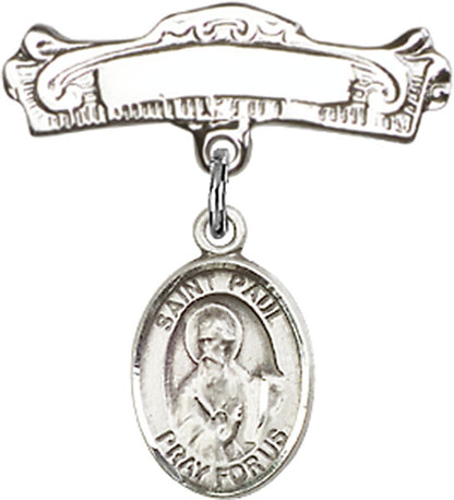 Personalized Baby Badge - Engraved Badge Pin with St. Paul the Apostle Charm