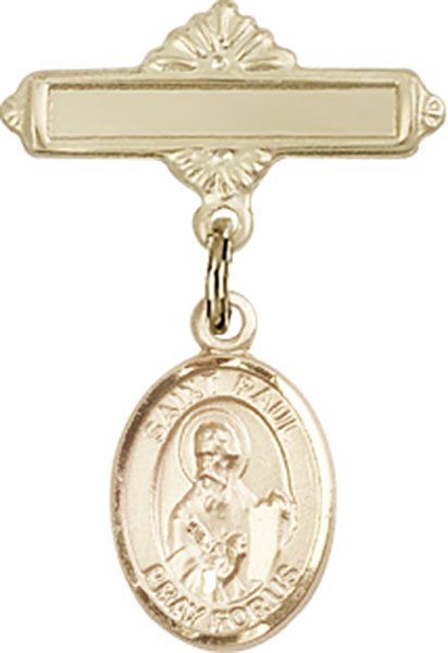 Personalized Baby Badge - Engraved Badge Pin with St. Paul the Apostle Charm