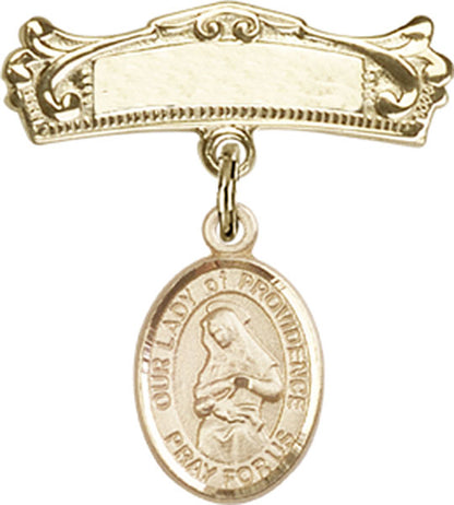 Personalized Baby Badge - Engraved Badge Pin with Our Lady of Providence Charm