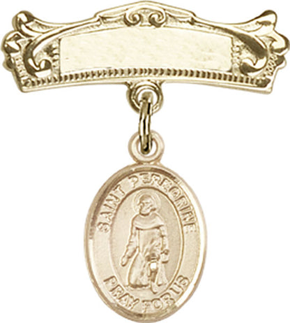 Personalized Baby Badge - Engraved Badge Pin with St. Peregrine Laziosi Charm