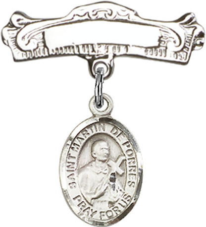 Personalized Baby Badge - Engraved Badge Pin with St. Martin de Porres Charm