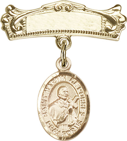Personalized Baby Badge - Engraved Badge Pin with St. Martin de Porres Charm
