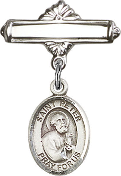 Personalized Baby Badge - Engraved Badge Pin with St. Peter the Apostle Charm