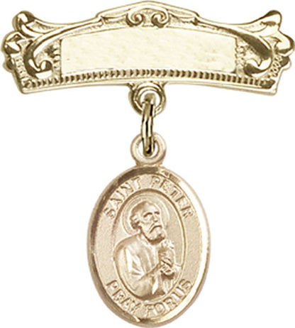 Personalized Baby Badge - Engraved Badge Pin with St. Peter the Apostle Charm
