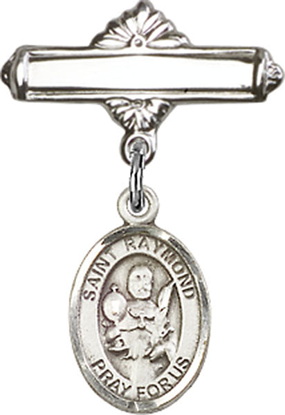 Personalized Baby Badge - Engraved Badge Pin with St. Raymond Nonnatus Charm