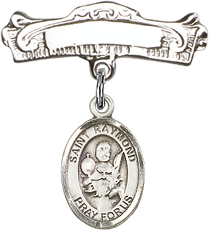 Personalized Baby Badge - Engraved Badge Pin with St. Raymond Nonnatus Charm