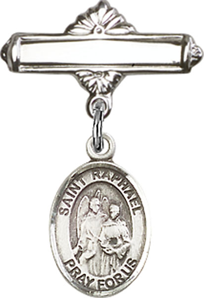 Personalized Baby Badge - Engraved Badge Pin with St. Raphael the Archangel Charm