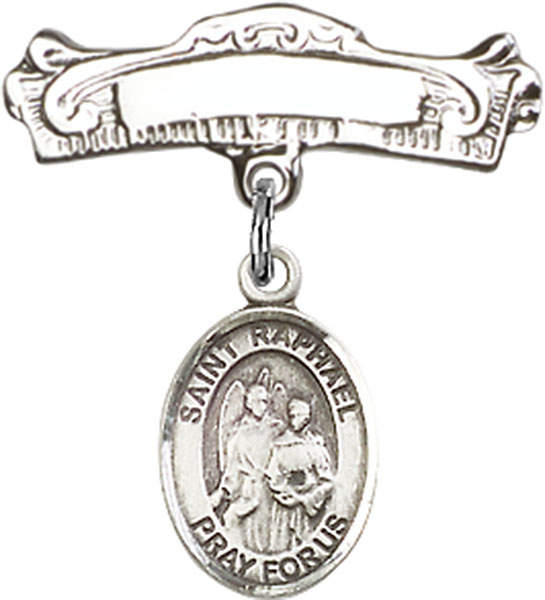 Personalized Baby Badge - Engraved Badge Pin with St. Raphael the Archangel Charm