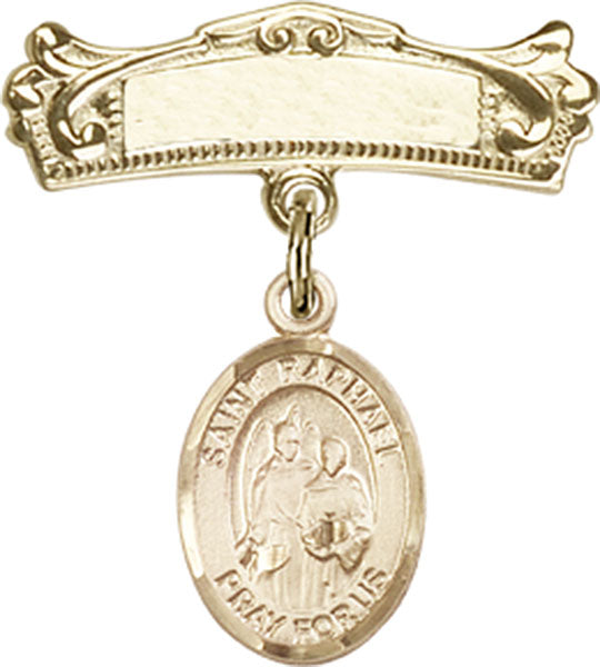 Personalized Baby Badge - Engraved Badge Pin with St. Raphael the Archangel Charm