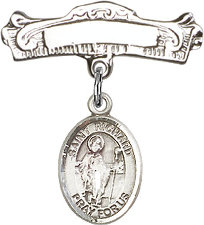 Personalized Baby Badge - Engraved Badge Pin with St. Richard Charm