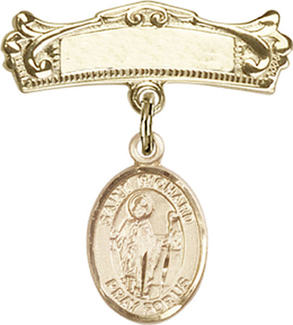 Personalized Baby Badge - Engraved Badge Pin with St. Richard Charm