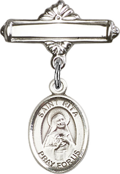 Personalized Baby Badge - Engraved Badge Pin with St. Rita of Cascia Charm