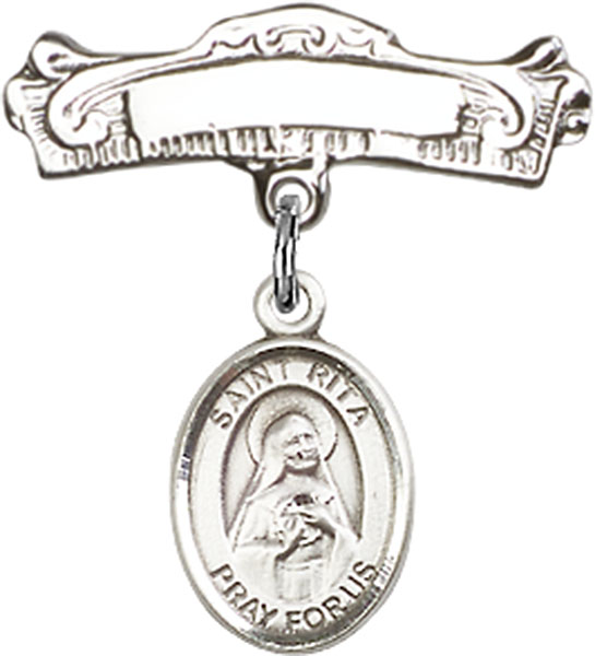Personalized Baby Badge - Engraved Badge Pin with St. Rita of Cascia Charm