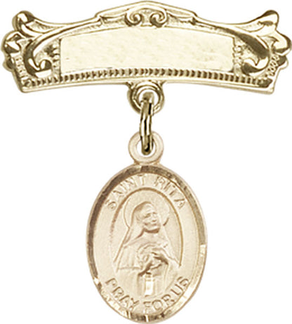 Personalized Baby Badge - Engraved Badge Pin with St. Rita of Cascia Charm