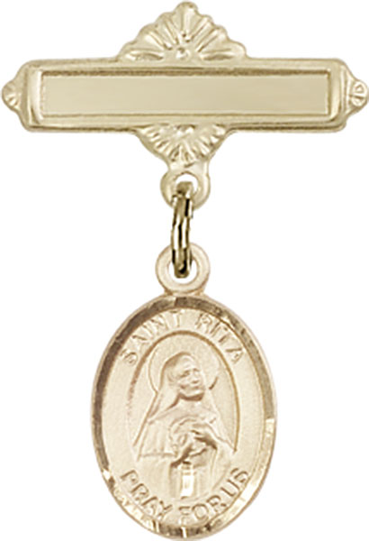 Personalized Baby Badge - Engraved Badge Pin with St. Rita of Cascia Charm