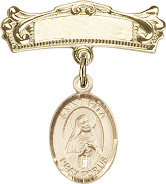 Personalized Baby Badge - Engraved Badge Pin with St. Rita of Cascia Charm