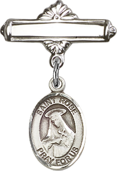 Personalized Baby Badge - Engraved Badge Pin with St. Rose of Lima Charm