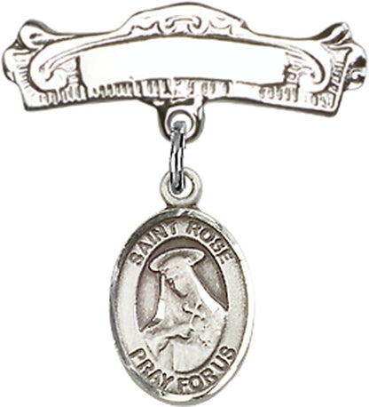 Personalized Baby Badge - Engraved Badge Pin with St. Rose of Lima Charm