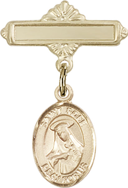 Personalized Baby Badge - Engraved Badge Pin with St. Rose of Lima Charm