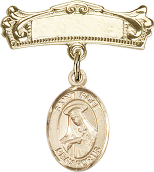 Personalized Baby Badge - Engraved Badge Pin with St. Rose of Lima Charm