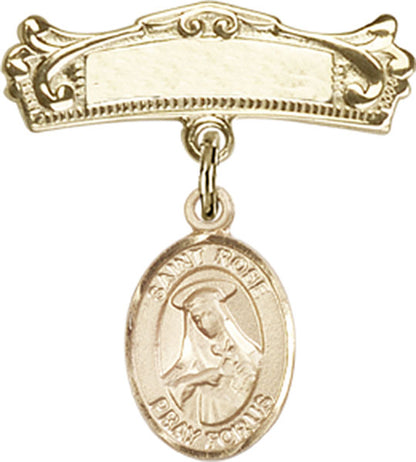 Personalized Baby Badge - Engraved Badge Pin with St. Rose of Lima Charm